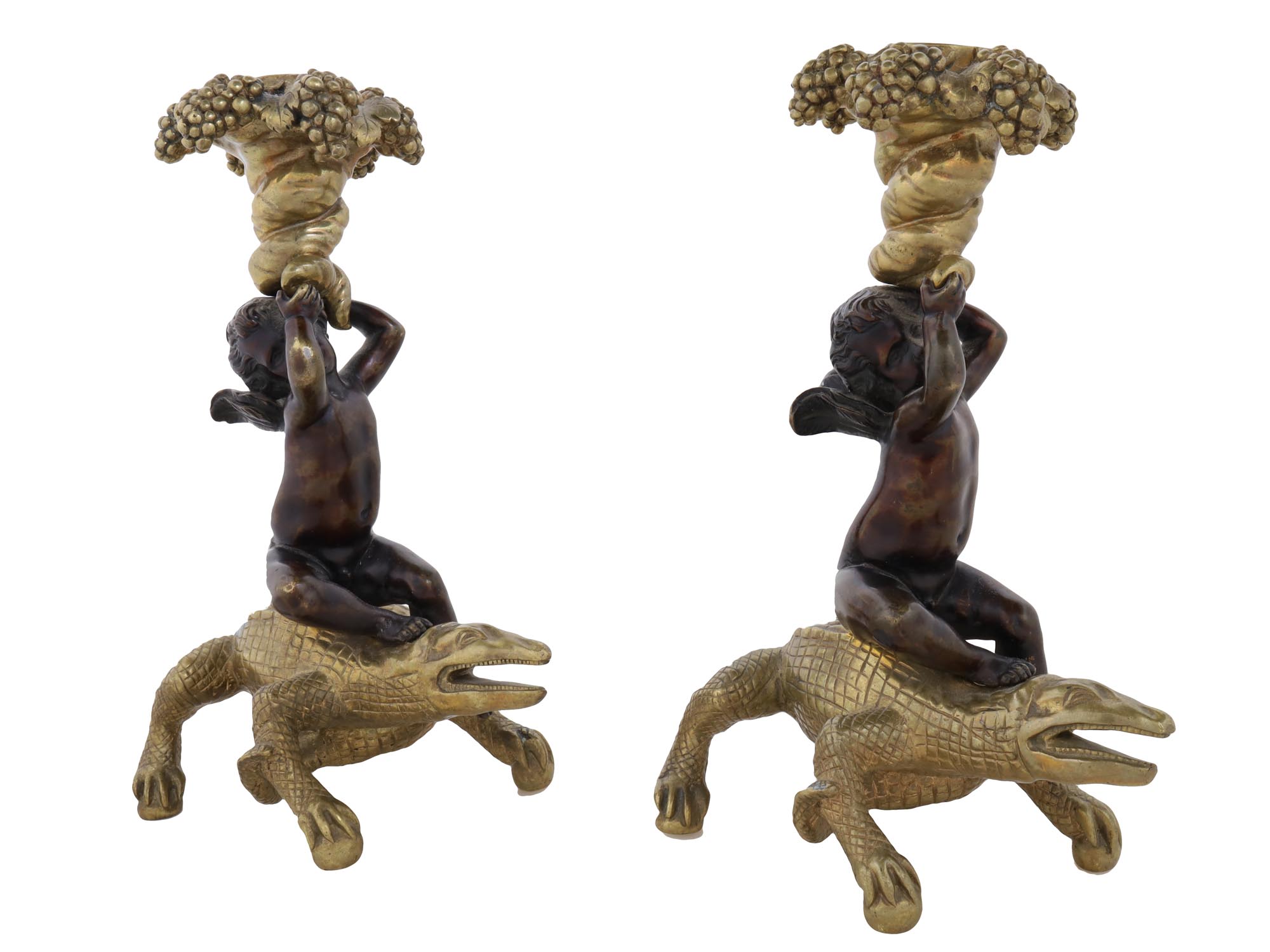 PAIR OF CROCODILE AND CUPID CANDLESTICKS C. 1810 PIC-1